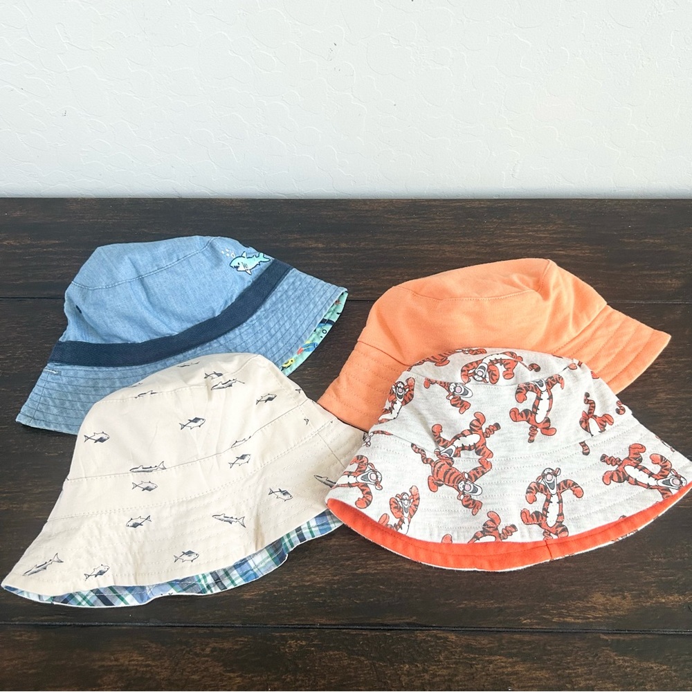 Baby Bucket Sun Hats Set of 4 Tigger, Shark Themes 12-18 mo, Excellent Condition